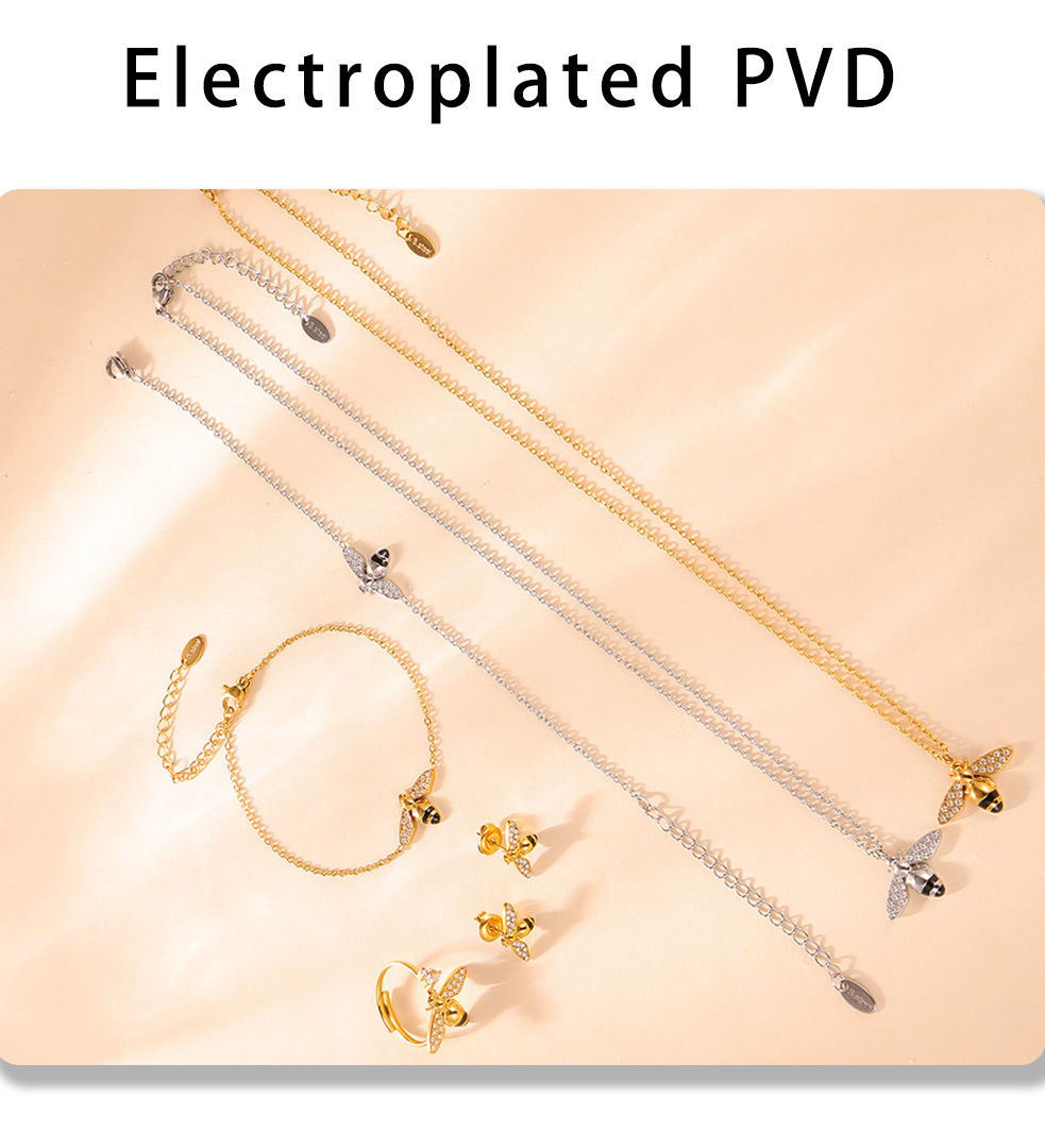 Gold Tone Titanium Bee Jewelry Set - Necklace 5 gold tone titanium bee jewelry set necklace