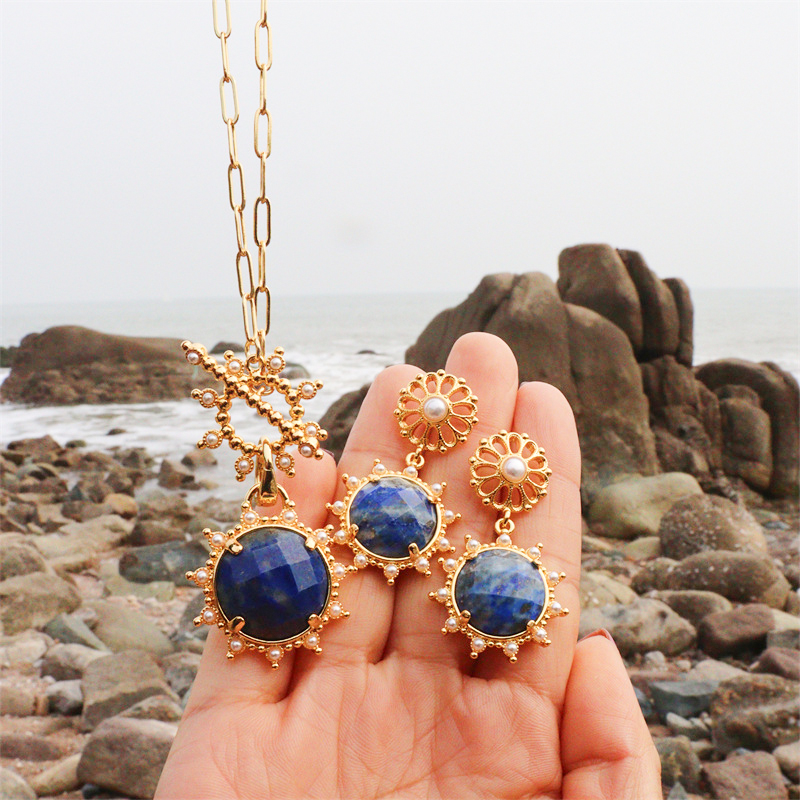Lapis Sunburst Jewellery Set 1 lapis sunburst pendant necklace
