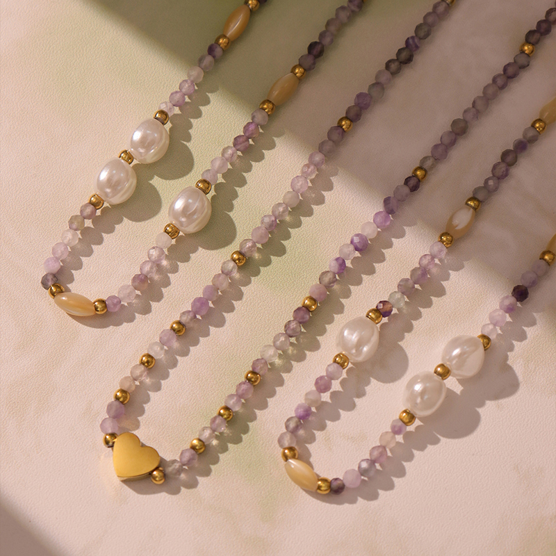 Lavender Stone Layered Necklace Set with Pearls & Gold Beads 1 french minimalist necklace: natural stone & gold bead choker with heart charm