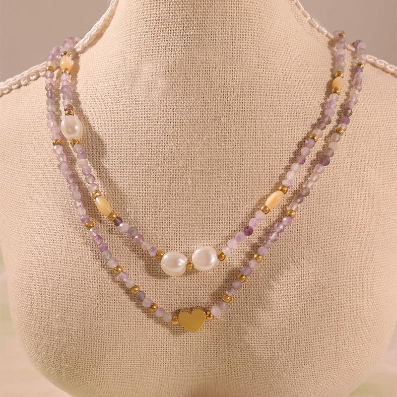 Lavender Stone Layered Necklace Set with Pearls & Gold Beads 5 french minimalist necklace: natural stone & gold bead choker with heart charm