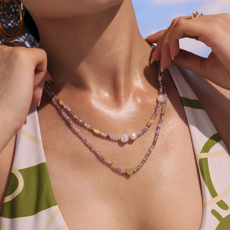 Lavender Stone Layered Necklace Set with Pearls & Gold Beads 4 french minimalist necklace: natural stone & gold bead choker with heart charm