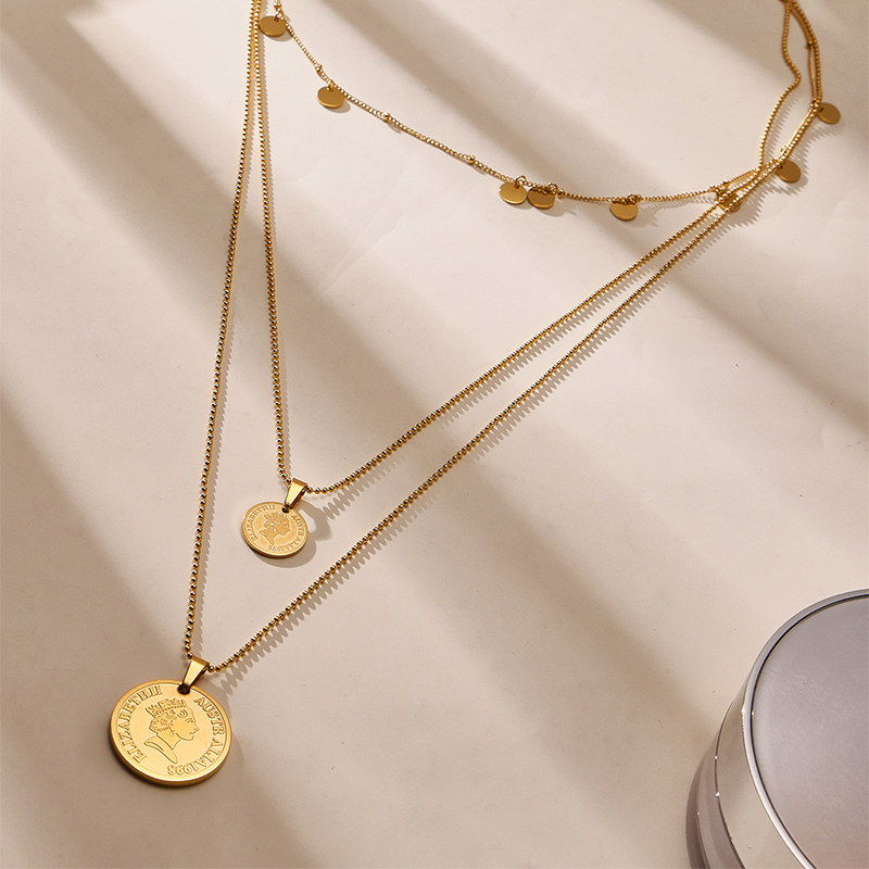 Gold Queen Coin Pendant Necklace – Layered Stainless Steel Jewellery 4 gold queen coin pendant necklace – layered stainless steel jewellery