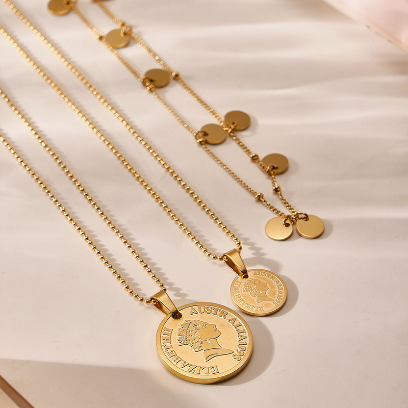 Gold Queen Coin Pendant Necklace – Layered Stainless Steel Jewellery 5 gold queen coin pendant necklace – layered stainless steel jewellery