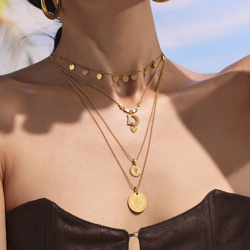 Gold Queen Coin Pendant Necklace – Layered Stainless Steel Jewellery 8 gold queen coin pendant necklace – layered stainless steel jewellery