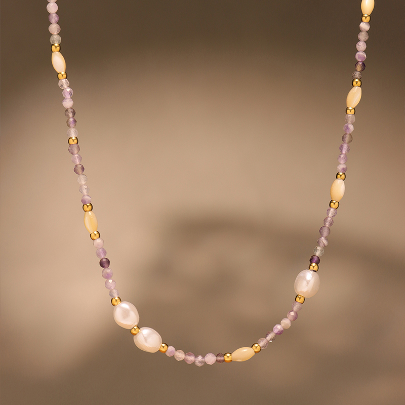 Lavender Bead Layered Necklace with Baroque Pearls 1 lavender bead layered necklace with baroque pearls