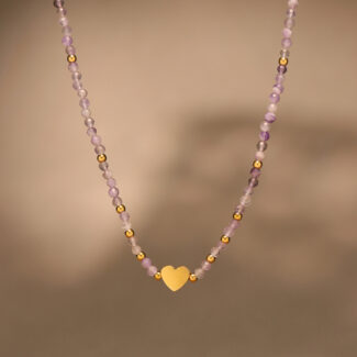 lavender bead layered necklace with gold heart charm