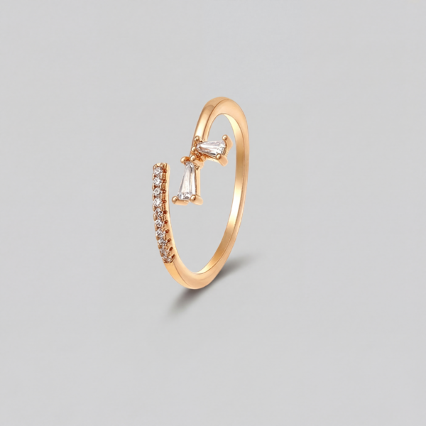 Gold Baguette Pave Geometric Open Ring - Modern Adjustable Stack