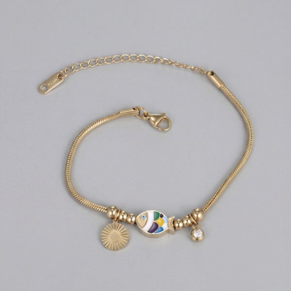 Gold Enamel Fish & Sun Charm Bracelet - Tarnish Free Snake Chain