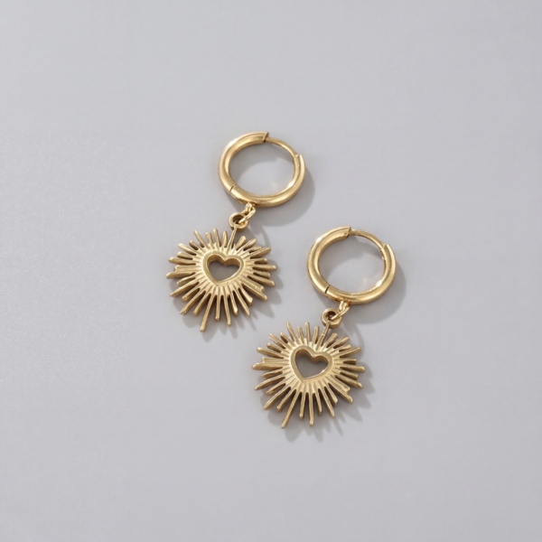 Gold Solar Heart Earrings - Minimalist Romantic Drop Design