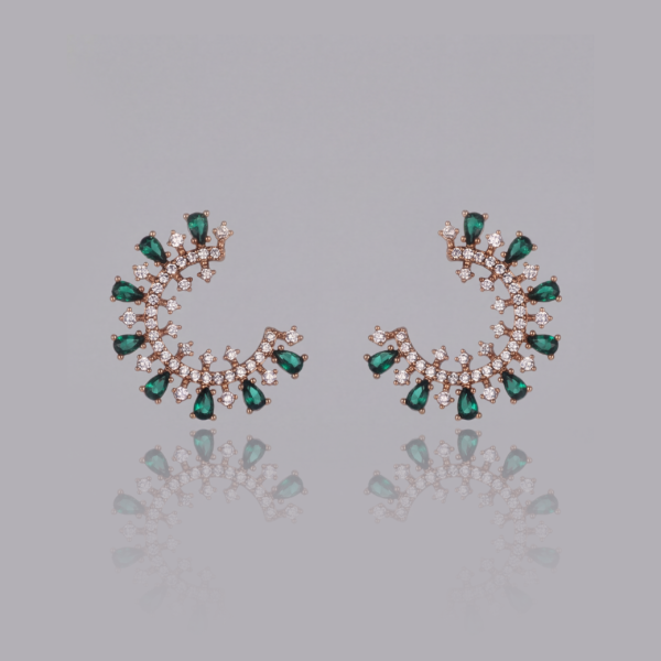 Gold Sunburst C-Hoop Earrings - Emerald Green Firework Statement Studs