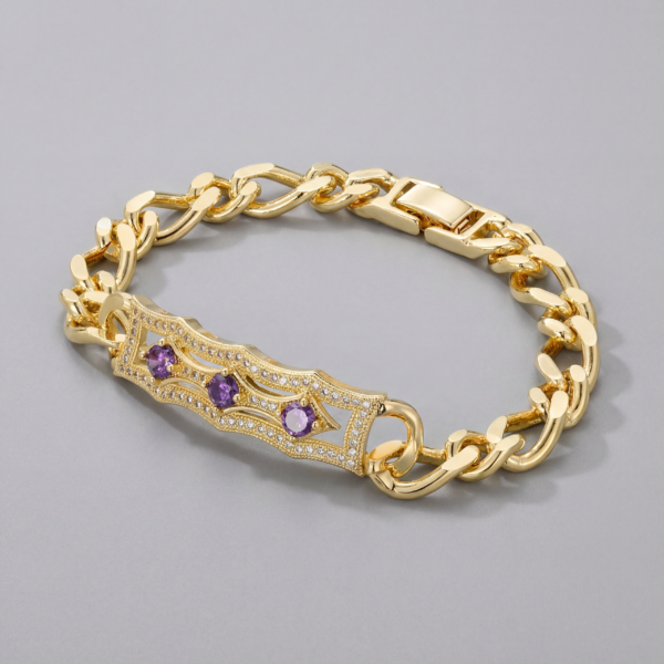 Solisita Vintage Amethyst Cuban Bracelet Gold Tone Chunky Chain with Purple Stones
