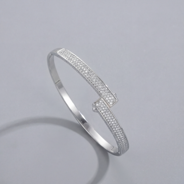 Silver Pavé Crystal Bar Hinged Bangle - Geometric Design