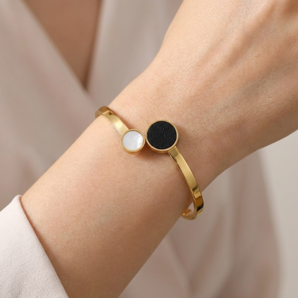 Solisita Black and White Shell Geometric Bangle Gold Tone Stainless Steel Bypass Design