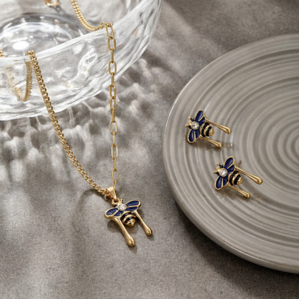 Solisita Blue Enamel Bee Asymmetrical Set Gold Tone Mixed Link Chain Navy Detail