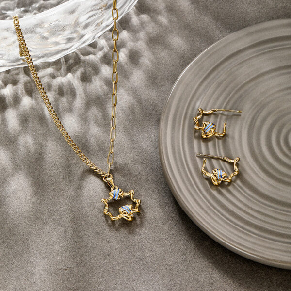 Solisita Blue Enamel Fish Asymmetrical Set Gold Tone Stainless Steel Mixed Link Chain