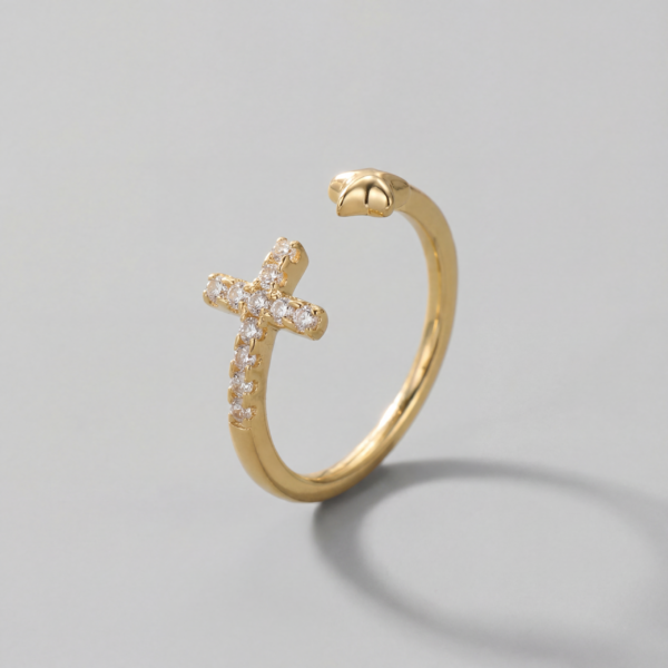 Solisita Crystal Cross and Star Open Ring Gold Tone Adjustable Pinky or Midi Design