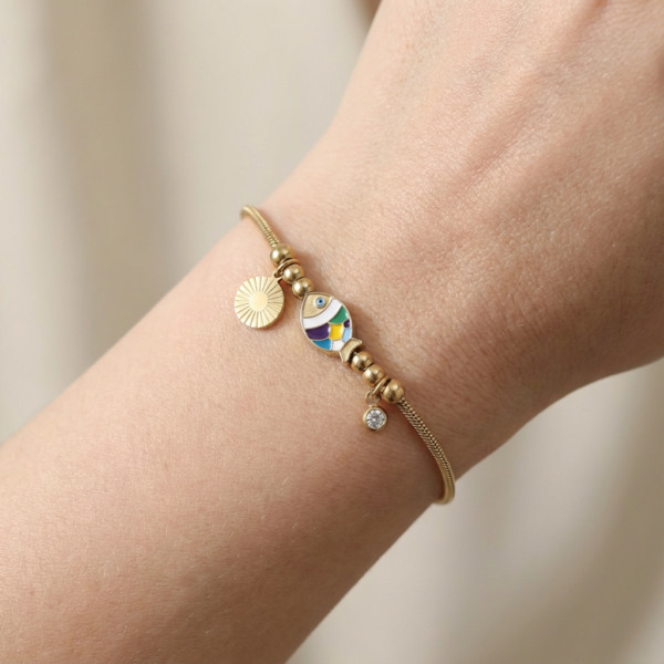 Solisita Enamel Fish and Sun Charm Bracelet Gold Tone Stainless Steel Snake Chain