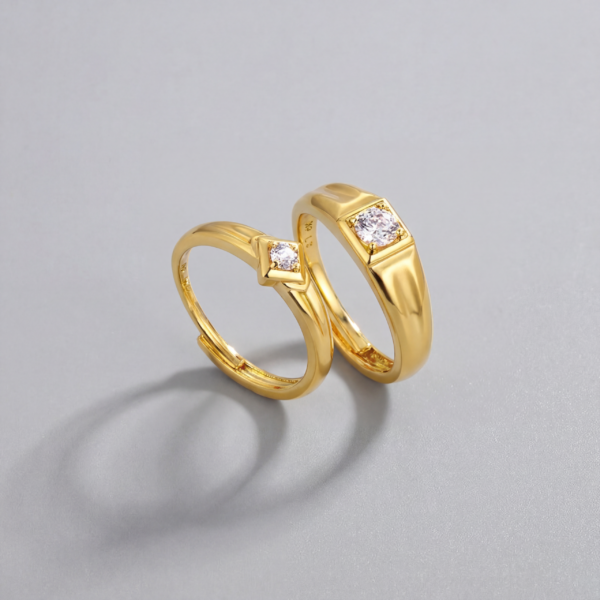 Solisita Gold Cubic Zirconia Couple Ring Set Matching Promise Rings Adjustable Design