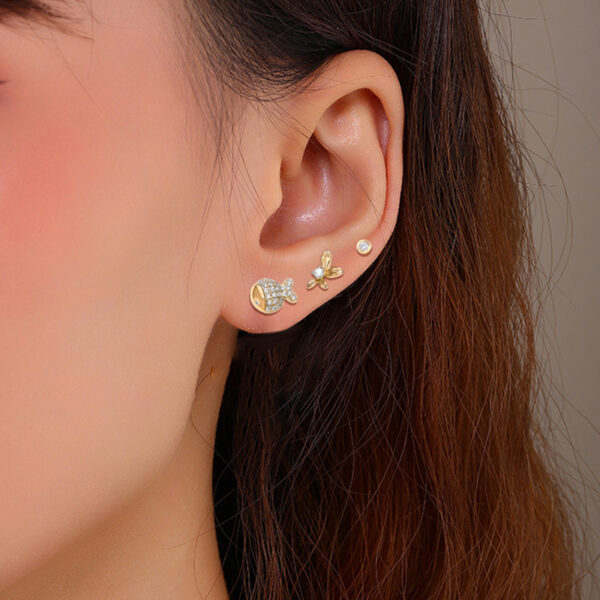 Solisita Gold Fish and Floral Stud Earring Set with Crystal Dots Set of 3