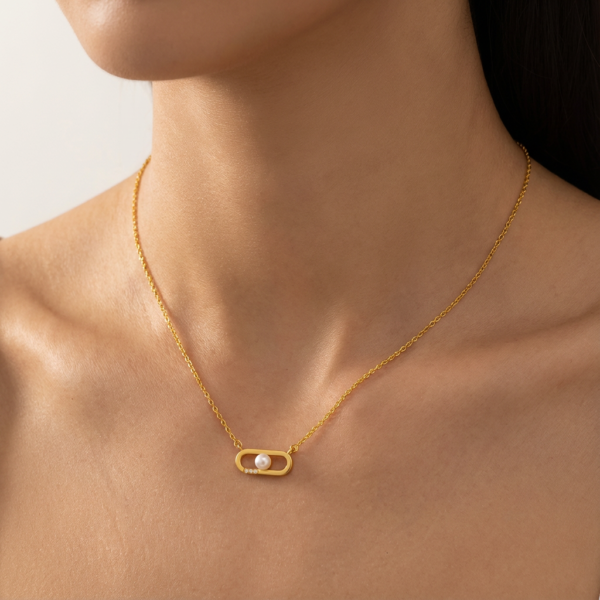 Solisita Gold Geometric Paperclip Pendant with Pearl and Crystal Detail