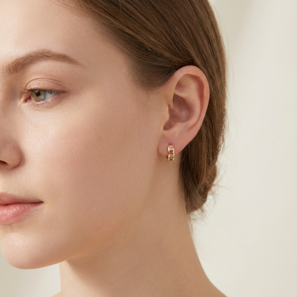 Solisita Rainbow Crystal Huggie Earrings Gold Tone Multi Colour Square Cut Hoops