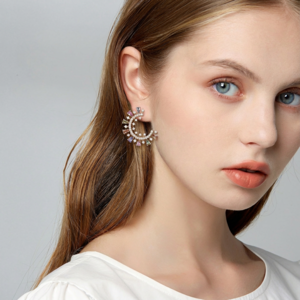 Solisita Sunburst Crystal Earrings Gold Tone Pastel Multi Colour Romantic Style