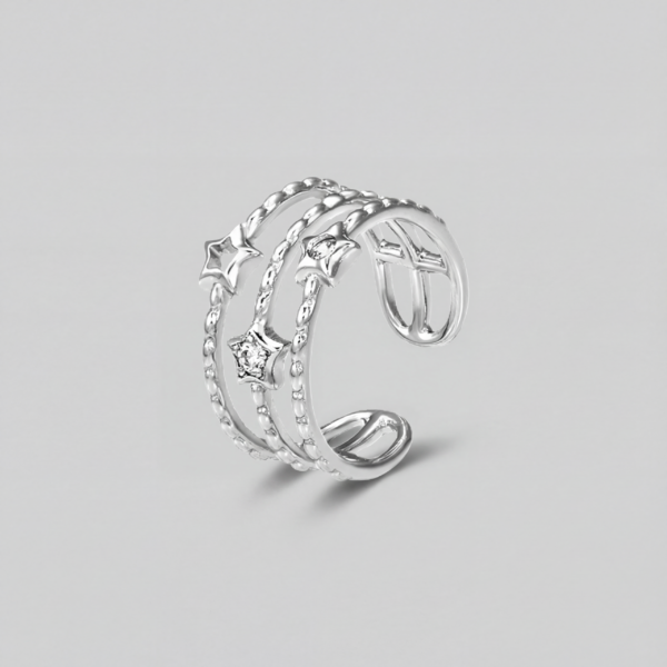 Solisita Triple Star Stacked Ring Silver Tone Multi Row Illusion Design