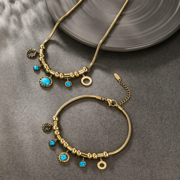 Solisita Turquoise and Roman Numeral Snake Chain Set Gold Tone Stainless Steel Design