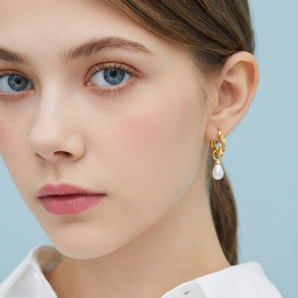 Solisita Twisted Pearl Drop Earrings in Soft 14K Gold Tone