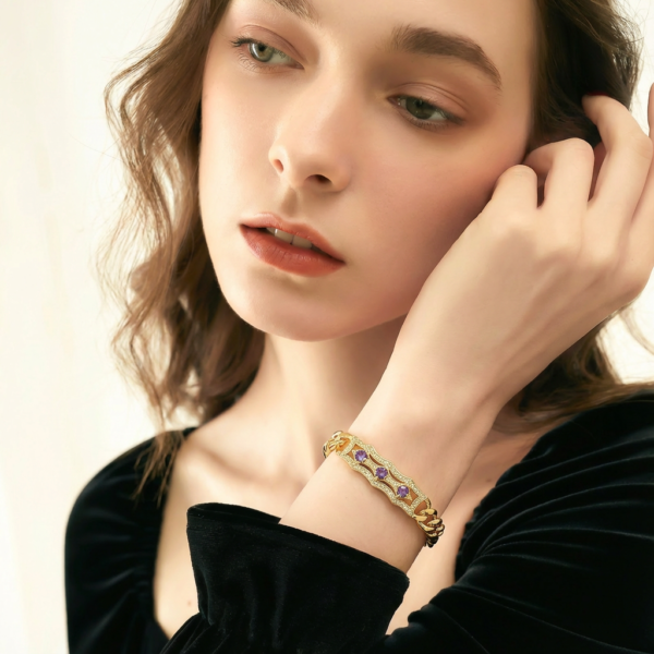 Solisita Vintage Amethyst Cuban Bracelet Gold Tone Chunky Chain with Purple Stones