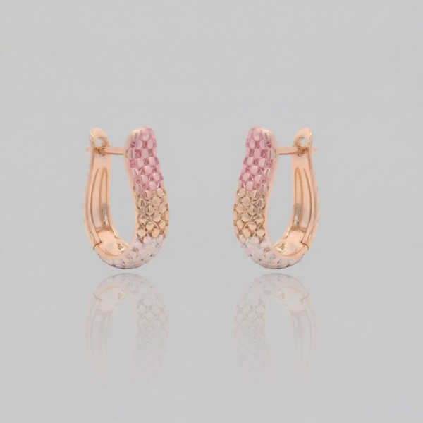 Tricolor Textured U-Hoop Earrings - Mixed Metal Gold Silver Rose Finish